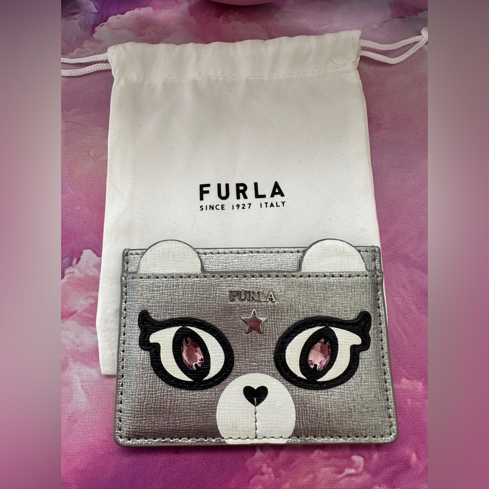 Limited Edition Furla Allegra Bear Card Holder with Dust Bag (GUC; Silver)